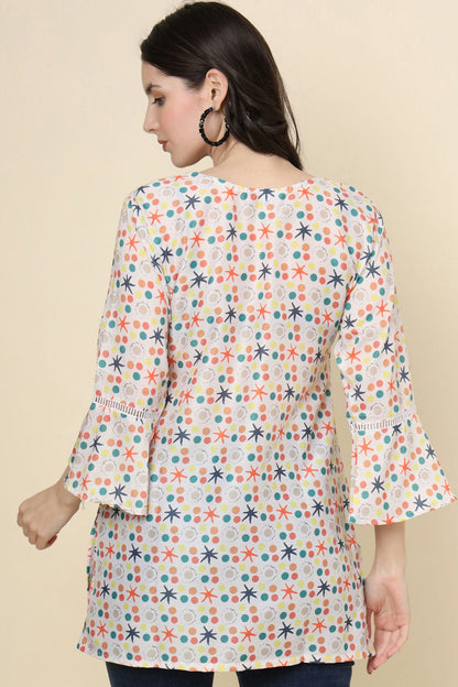 White Colour Cotton Printed Work Readymade Top VSTP1110795