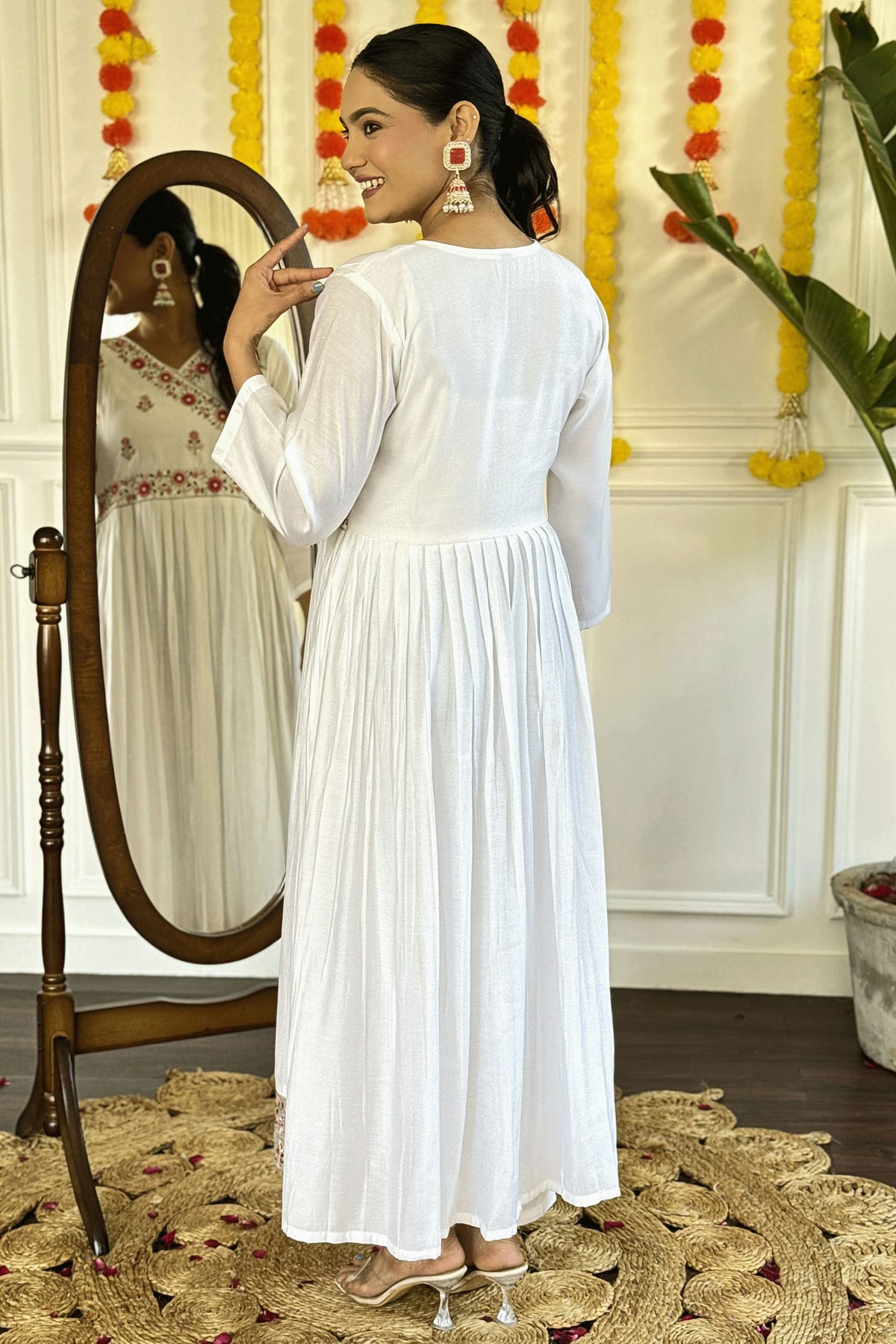 White Colour Embroidery Chanderi Viscose Stitched Suit