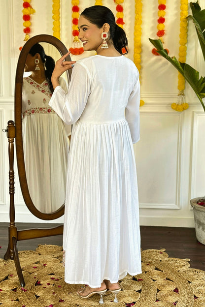 White Colour Embroidery Chanderi Viscose Stitched Suit
