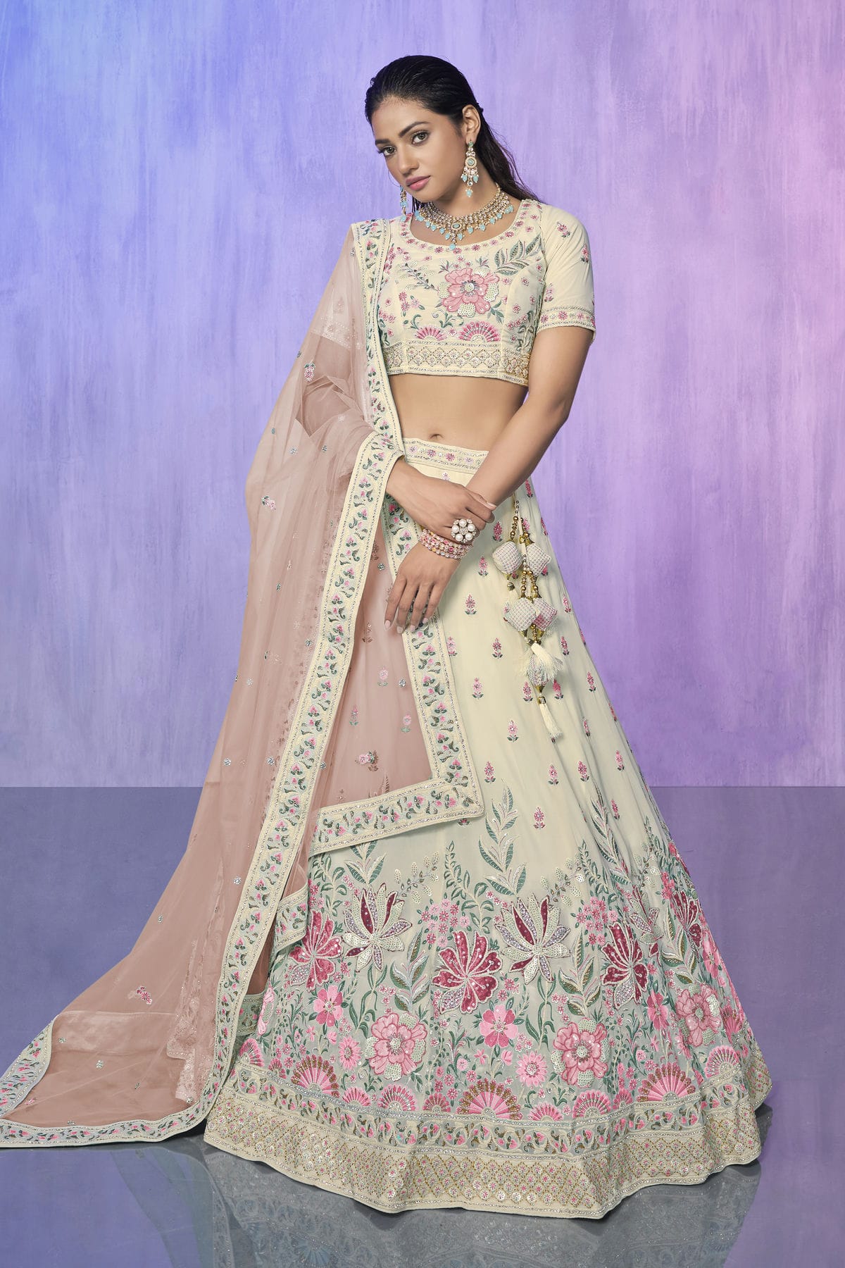 White Colour Embroidery Georgette Lehenga Choli