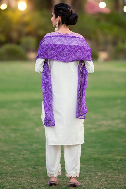 White Colour Embroidery Roman Silk Stitched Suit