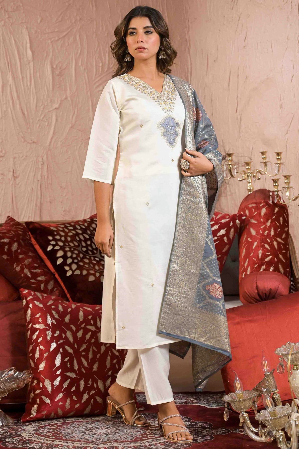White Colour Embroidery Viscose Chanderi Pant Style Suit VSSS1113499