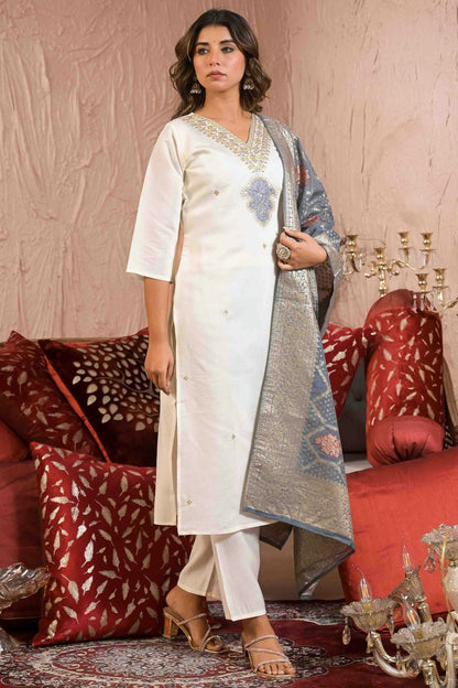 White Colour Embroidery Viscose Chanderi Pant Style Suit VSSS1113499