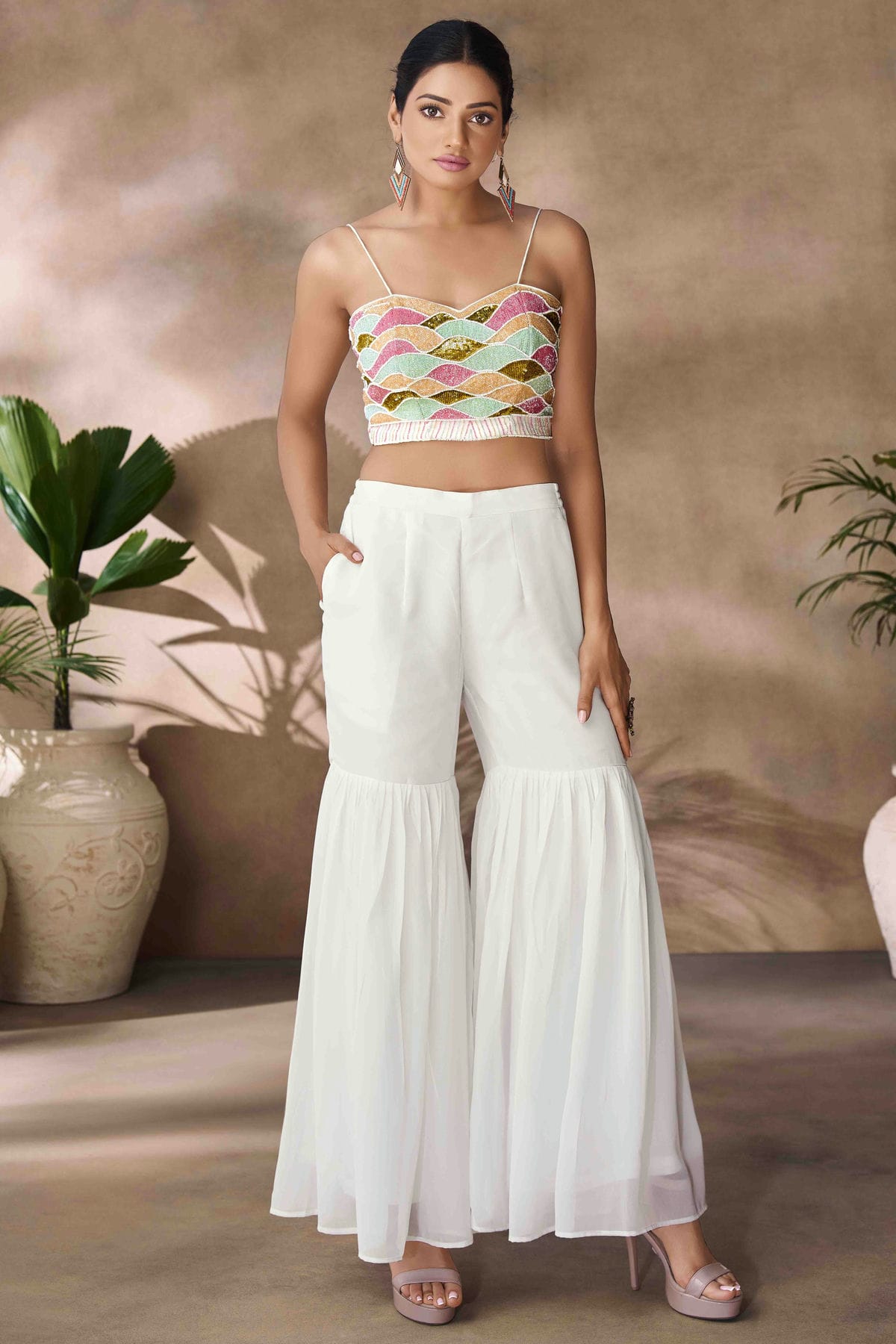 White Colour Georgette Co-Ord Set VSTP1080961