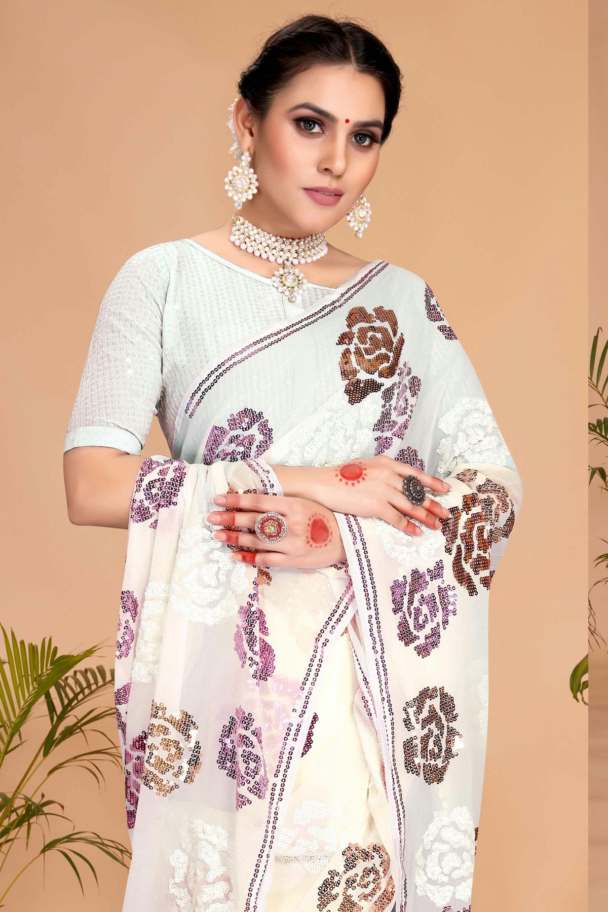 White Colour Georgette Designer Saree