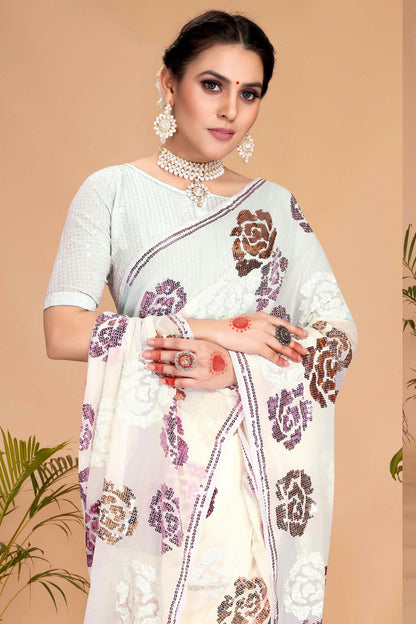 White Colour Georgette Designer Saree