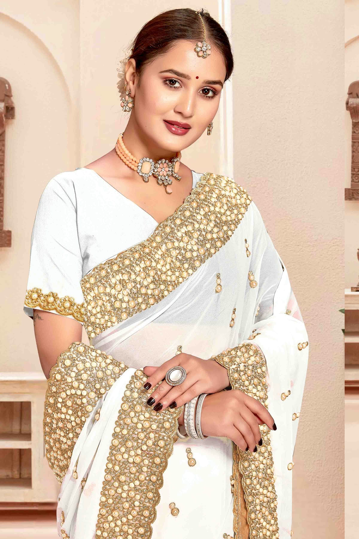 White Colour Georgette Embroidery Work Designer Saree VSSD1091243