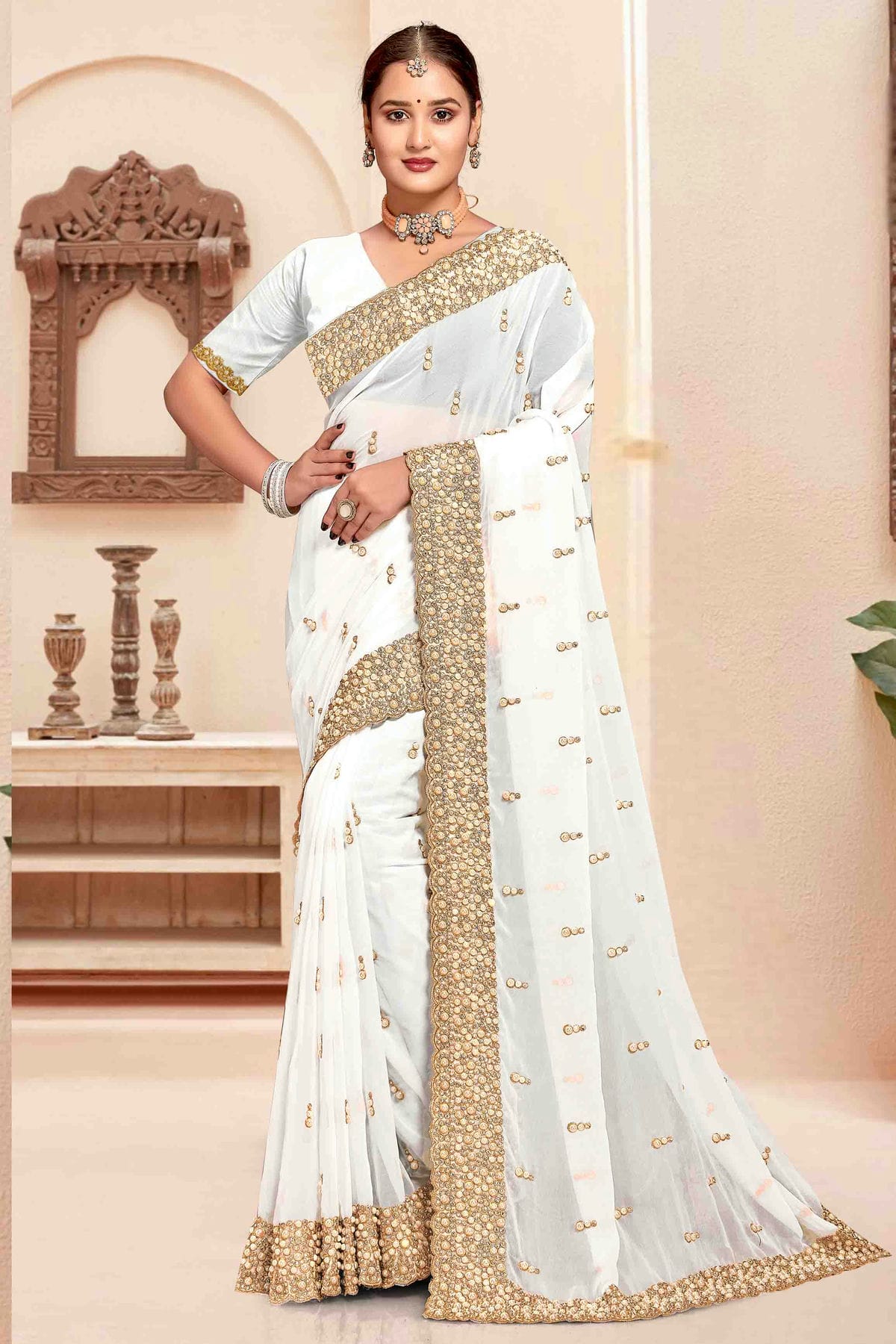 White Colour Georgette Embroidery Work Designer Saree VSSD1091243
