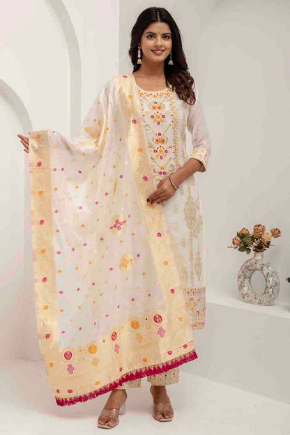 White Colour Jacquard Silk Woven and Hand Work Pant Style Suit VSSS1113688