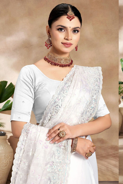 White Colour Jimmy Choo Silk Designer Saree
