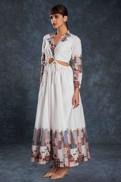 White Colour Linen Maxi Dress VSTP1080945