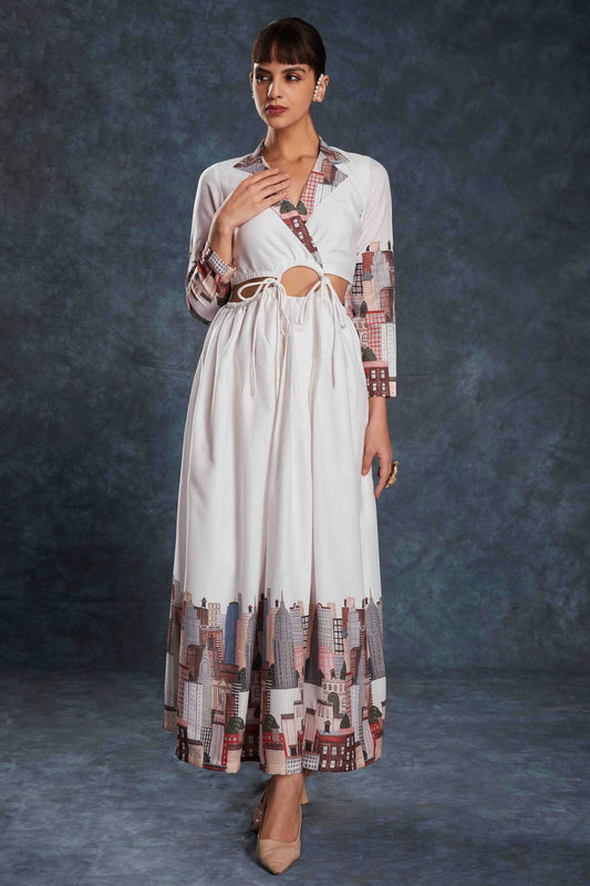 White Colour Linen Maxi Dress VSTP1080945