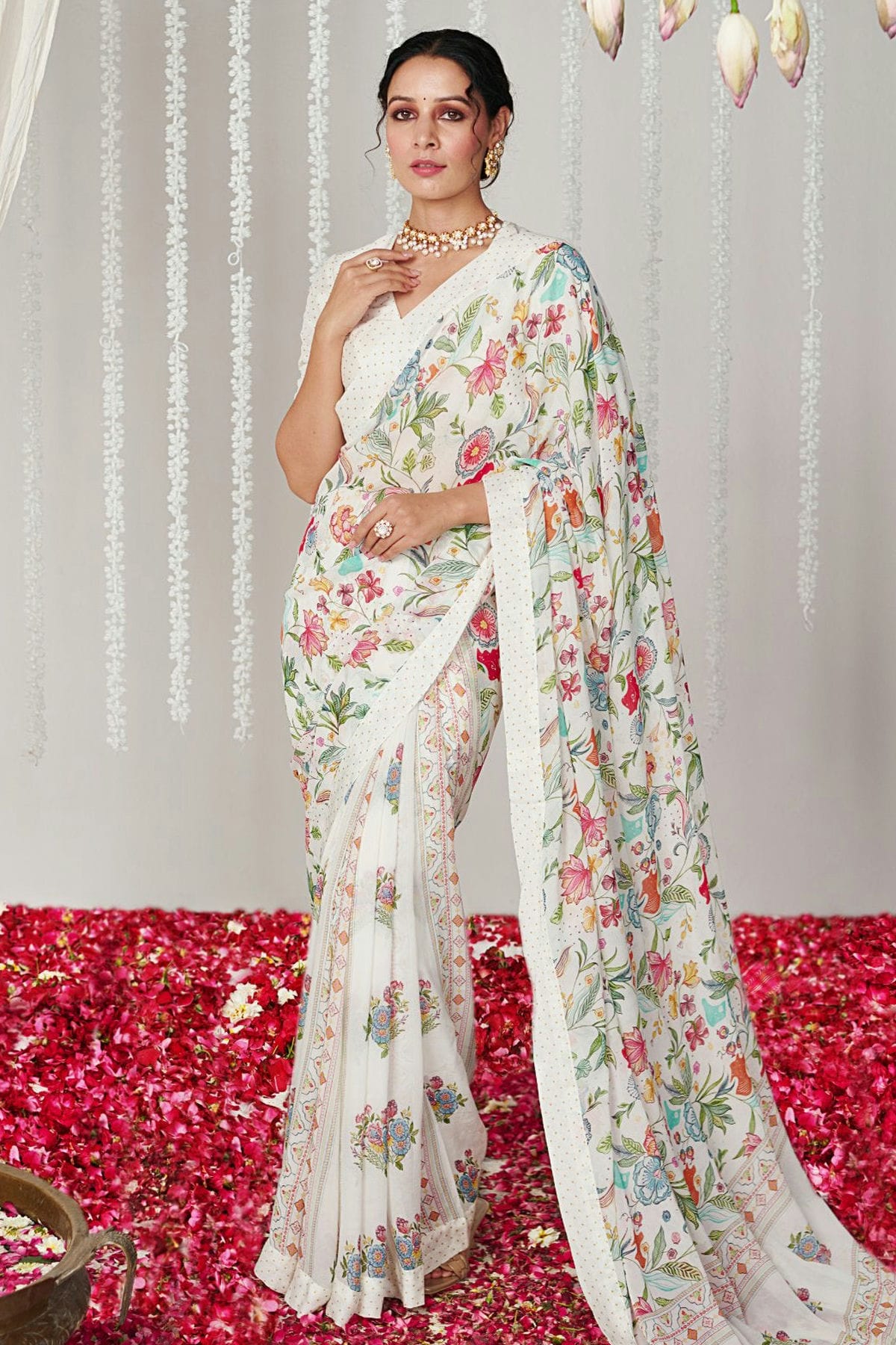 White Colour Moss Saree