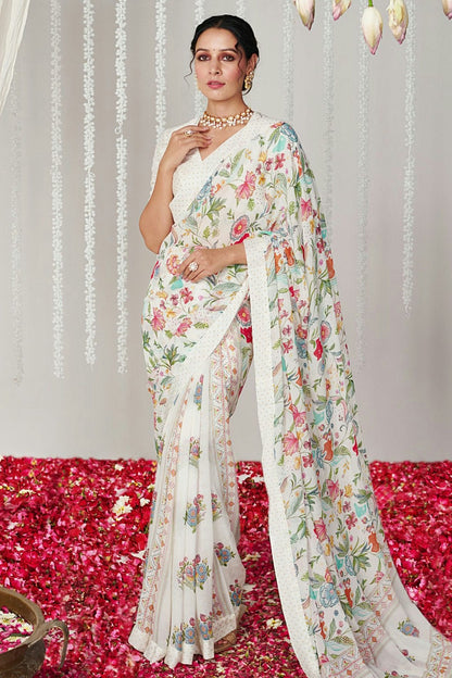 White Colour Moss Saree