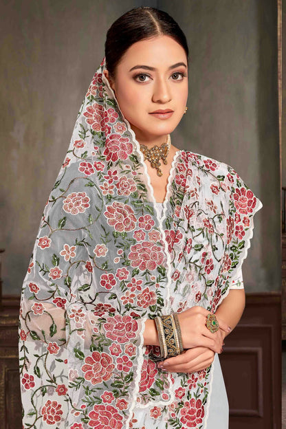 White Colour Net Embroidery Work Designer Saree VSSD1091232