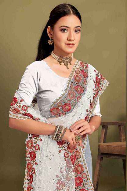 White Colour Net Embroidery Work Designer Saree VSSD1091237