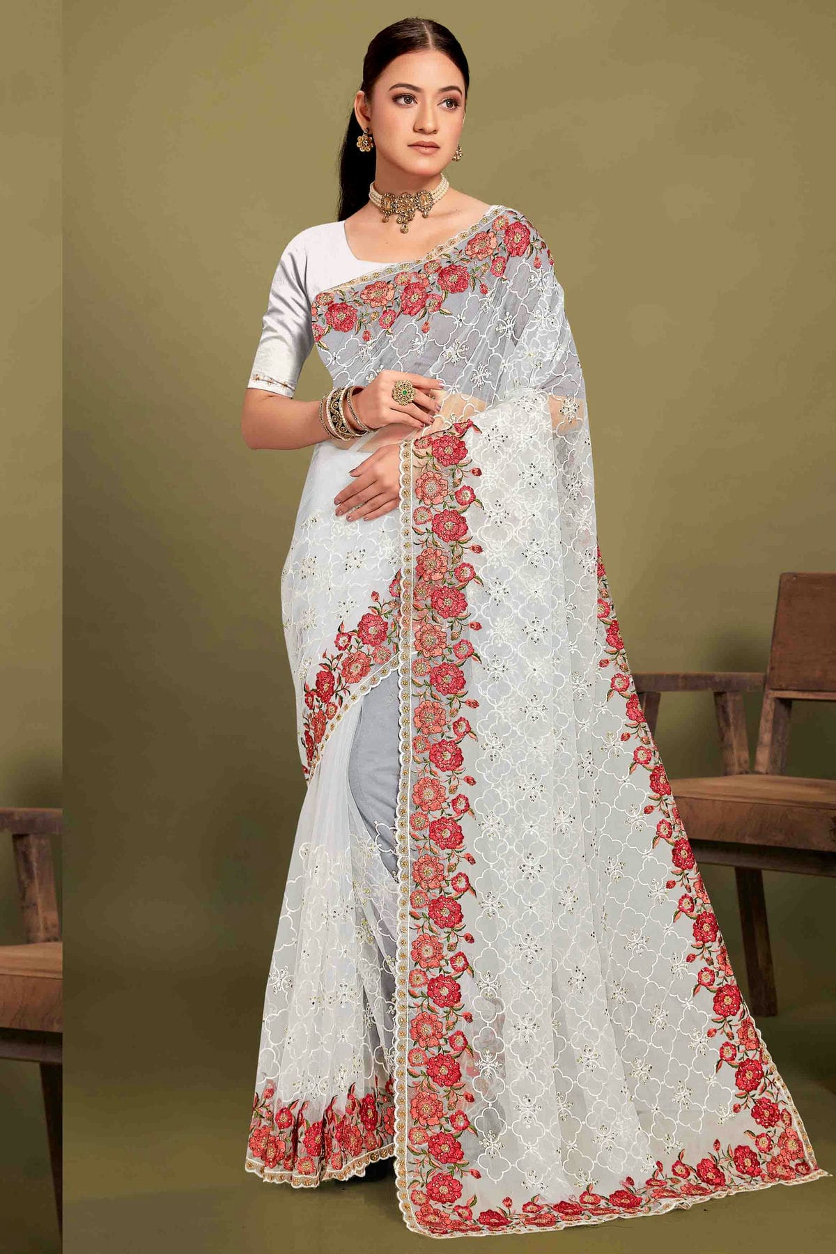 White Colour Net Embroidery Work Designer Saree VSSD1091237