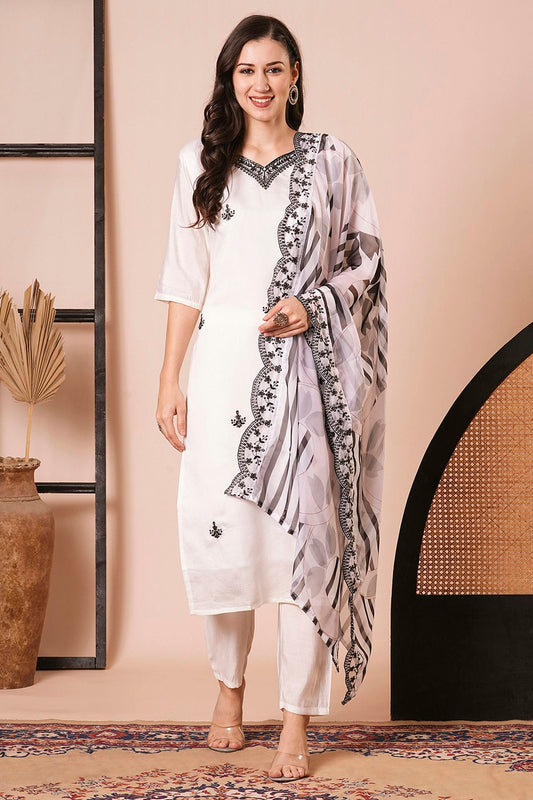 White Colour PV Chanderi Stitched Salwar Suit