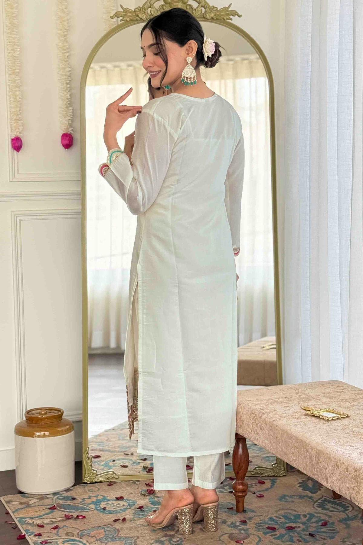 White Colour Viscose Chanderi Embroidery Pant Style Suit VSSS1113640