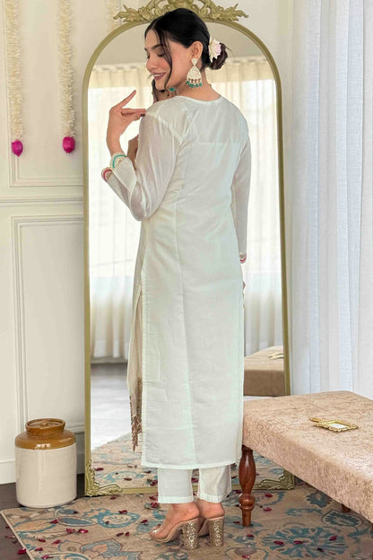 White Colour Viscose Chanderi Embroidery Pant Style Suit VSSS1113640