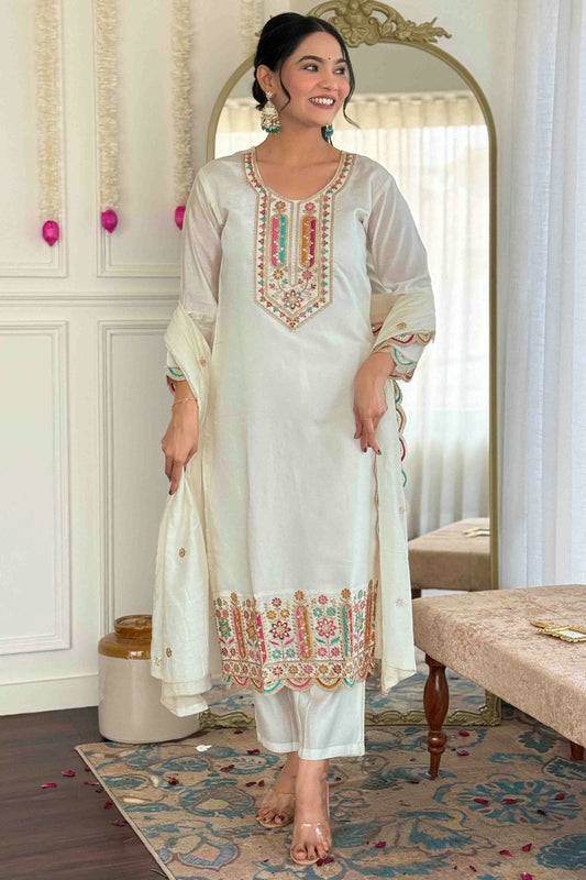 White Colour Viscose Chanderi Embroidery Pant Style Suit VSSS1113640