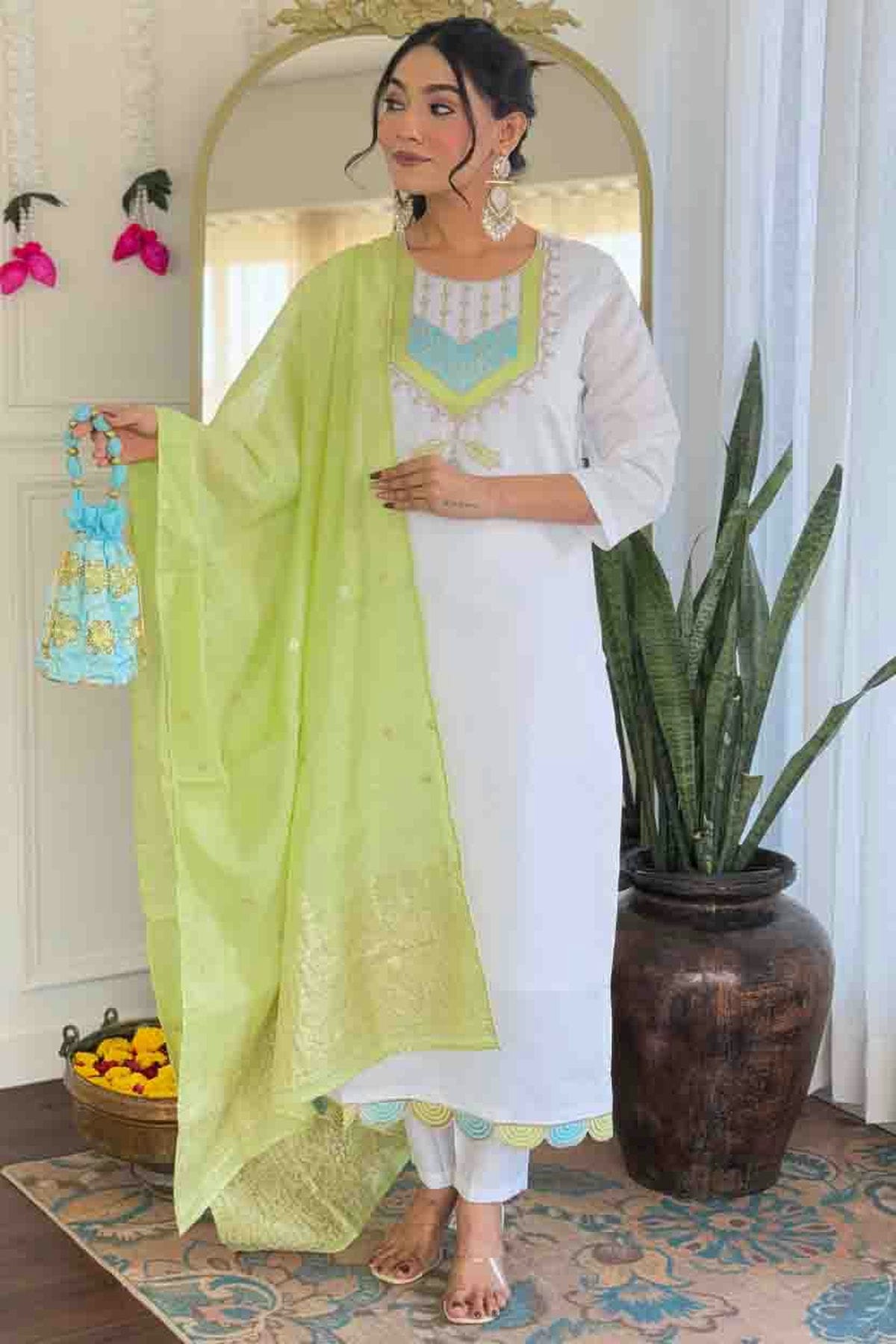 White Colour Viscose Chanderi Embroidery Pant Style Suit VSSS1113651