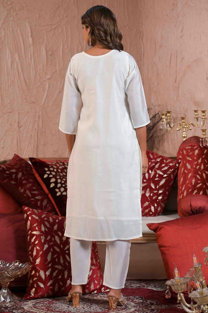 White Colour Viscose Chanderi Stitched Pant Style Suit VSSS1113888