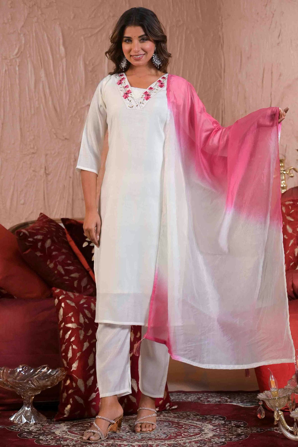 White Colour Viscose Chanderi Stitched Pant Style Suit VSSS1113888