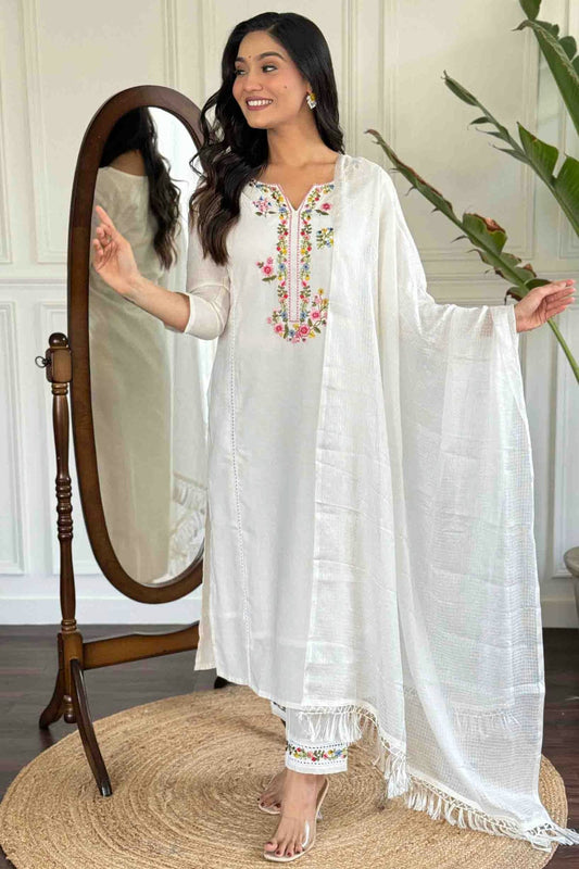 White Colour Viscose Chanderi Stitched Suit VSSS1112989