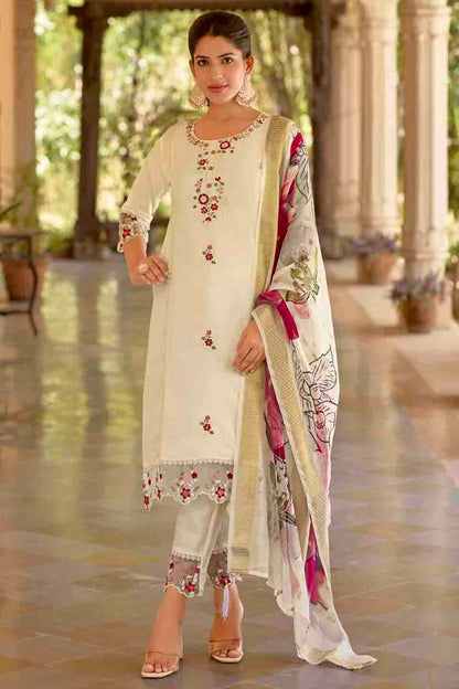 White Colour Viscose Roman Silk Embroidery Pant Style Suit VSSS1113656
