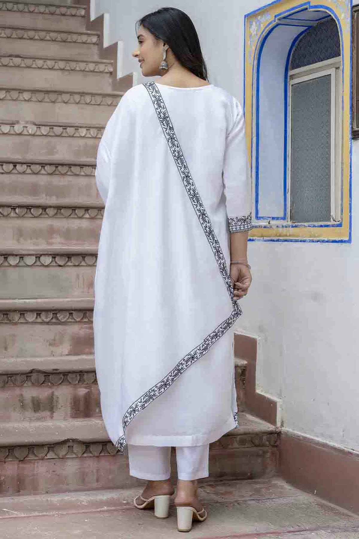 White Colour Viscose Roman Silk Stitched Pant Style Suit VSSS1113897