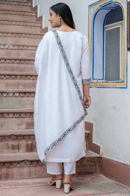 White Colour Viscose Roman Silk Stitched Pant Style Suit VSSS1113897
