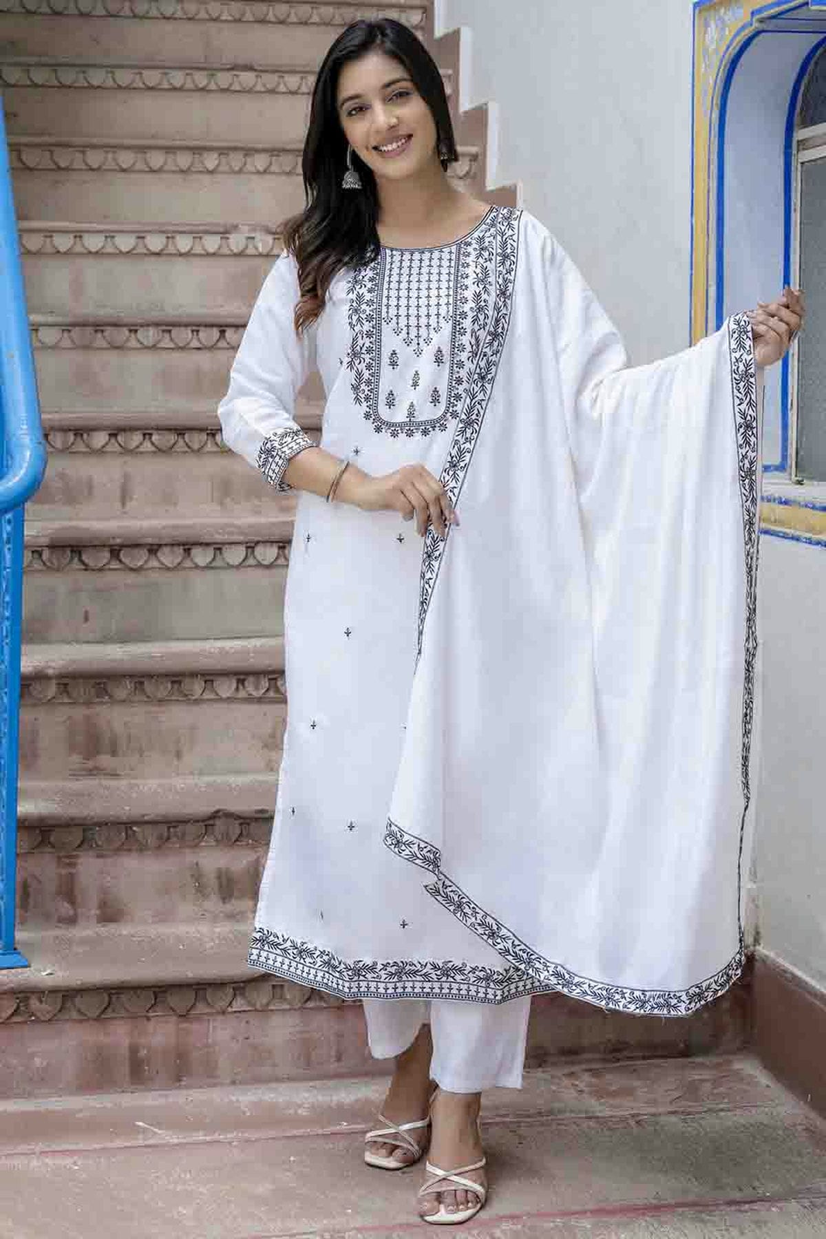 White Colour Viscose Roman Silk Stitched Pant Style Suit VSSS1113897