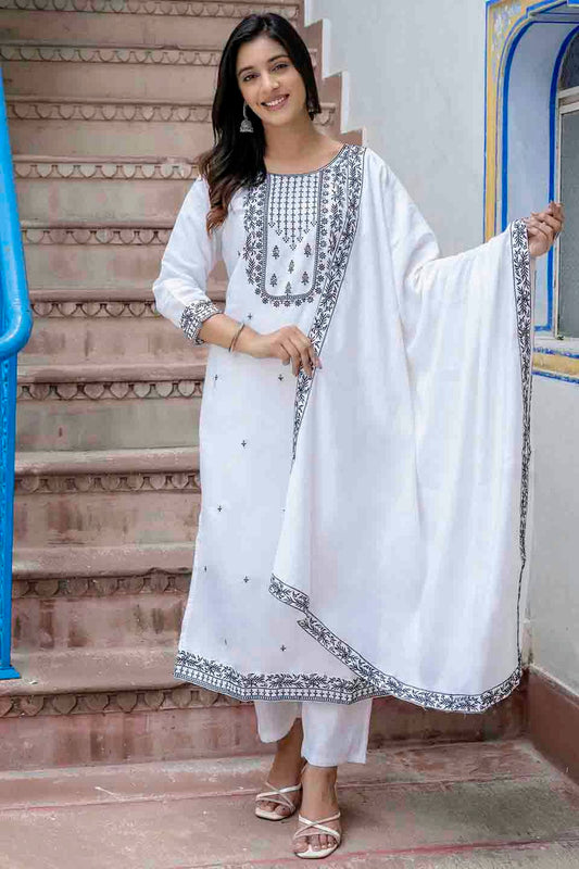 White Colour Viscose Roman Silk Stitched Pant Style Suit VSSS1113897