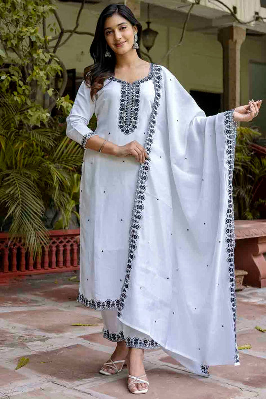 White Colour Viscose Roman Silk Stitched Pant Style Suit VSSS1113903