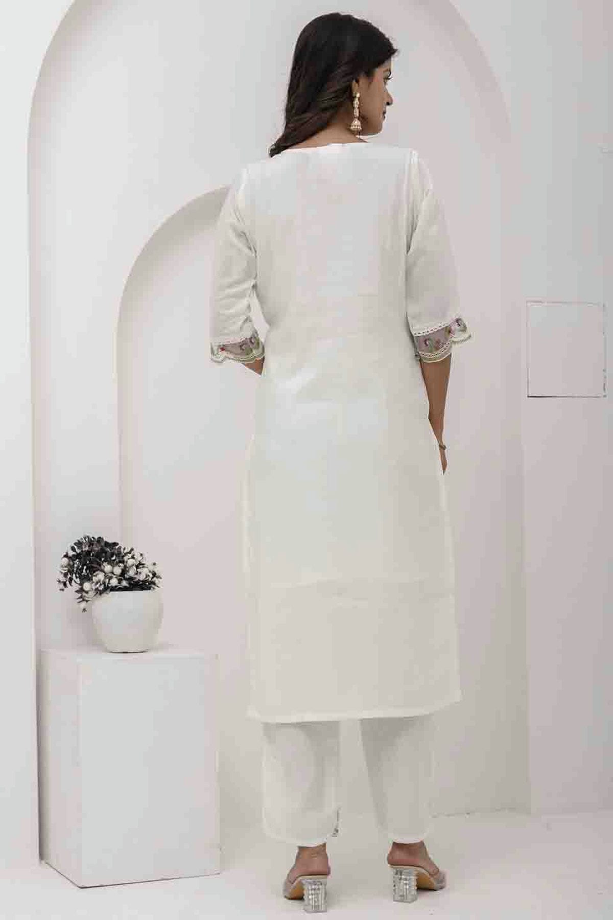 White Colour Viscose Silk Embroidery Pant Style Suit VSSS1113620