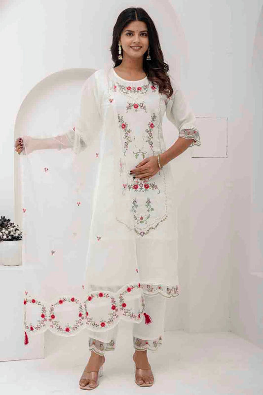 White Colour Viscose Silk Embroidery Pant Style Suit VSSS1113620