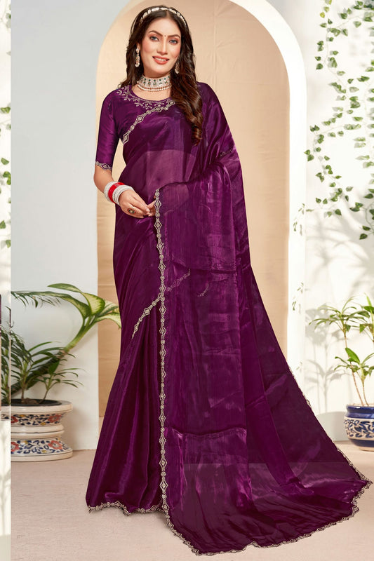 Wine Colour Burberry Silk Designer Saree