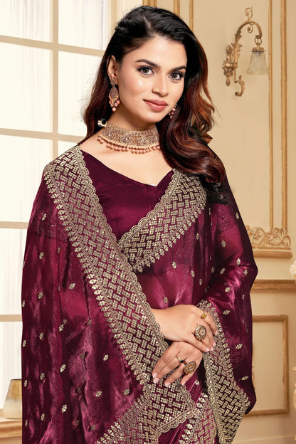 Wine Colour Burberry Silk Designer Saree VSSD1121842