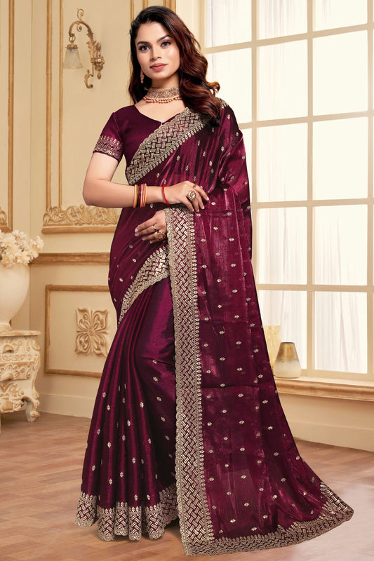 Wine Colour Burberry Silk Designer Saree
