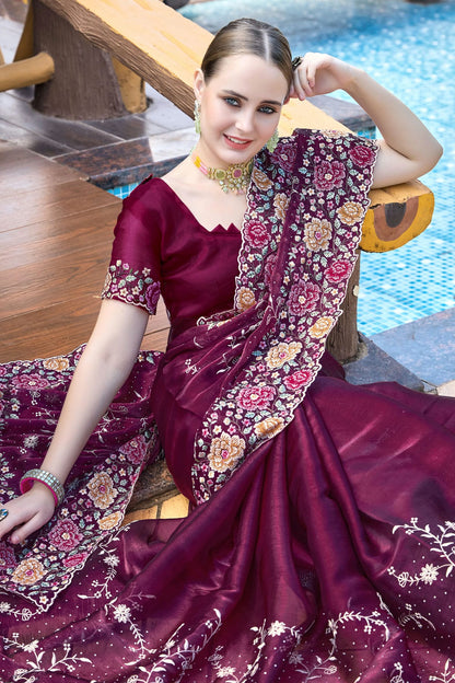 Wine Colour Burberry Silk Designer Saree VSSD1121854