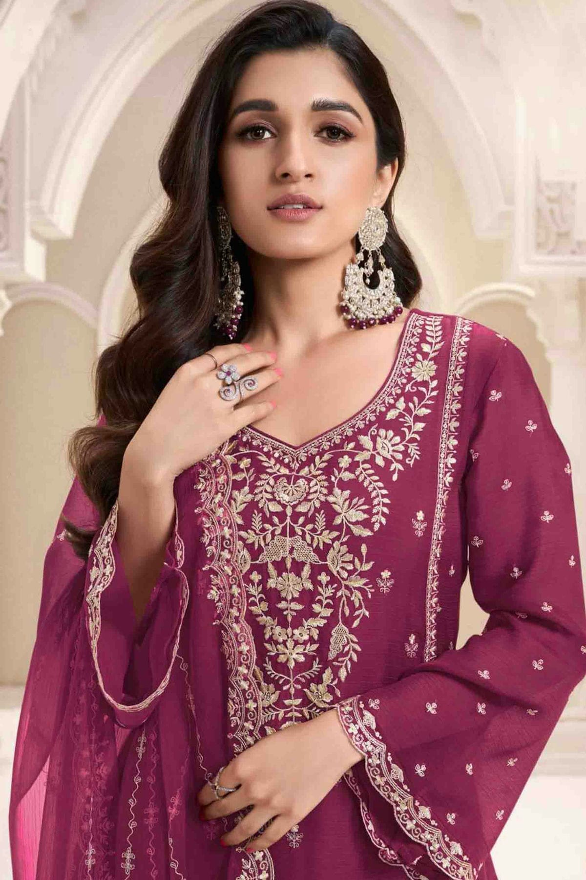 Wine Colour Chiffon Palazzo Pant Suit VSSM1113187