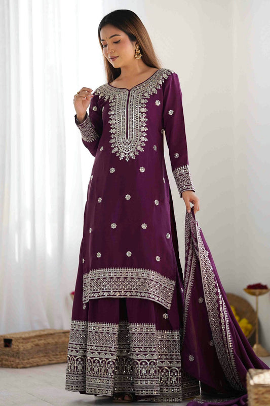 Wine Colour Chinon Silk Stitched Suit VSSS1112998
