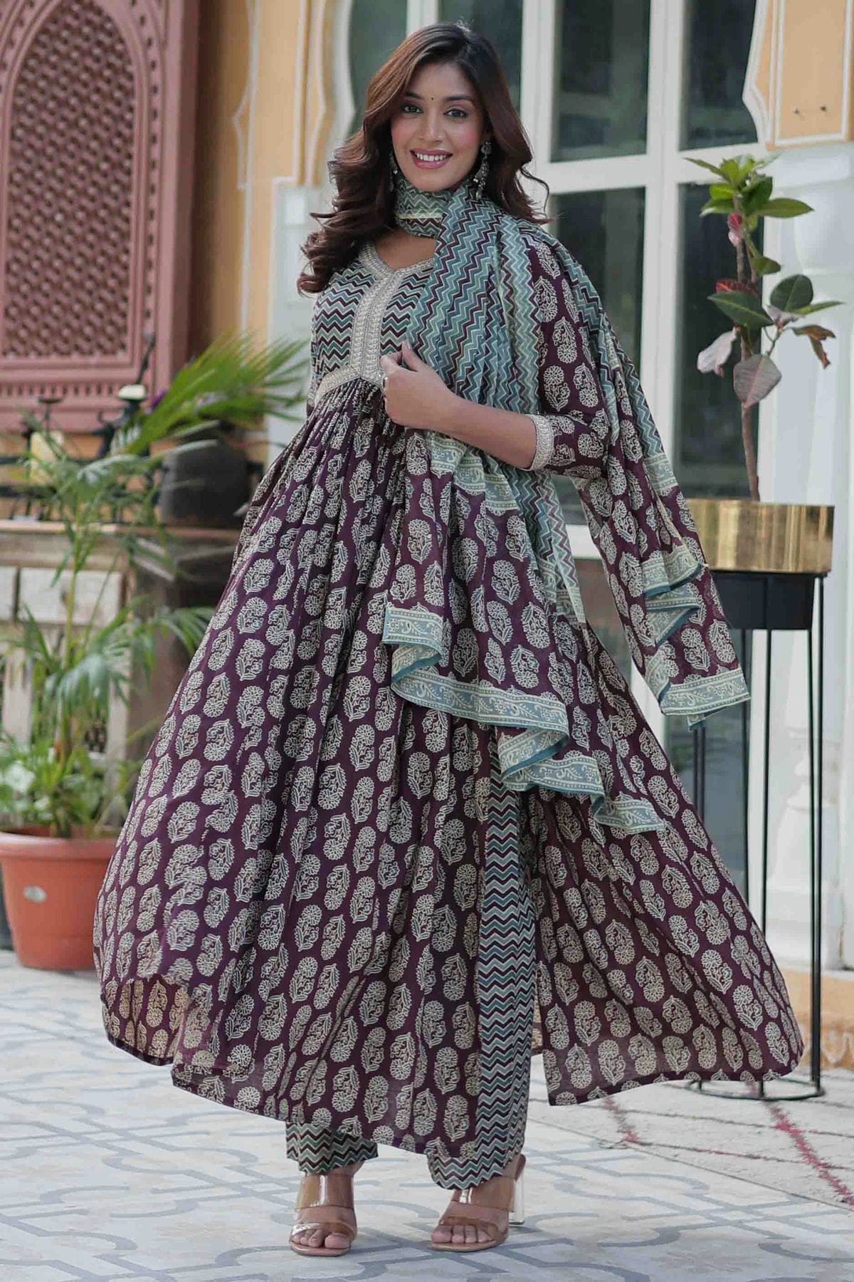 Wine Colour Cotton Printed Pant Style Suit VSSS1113676