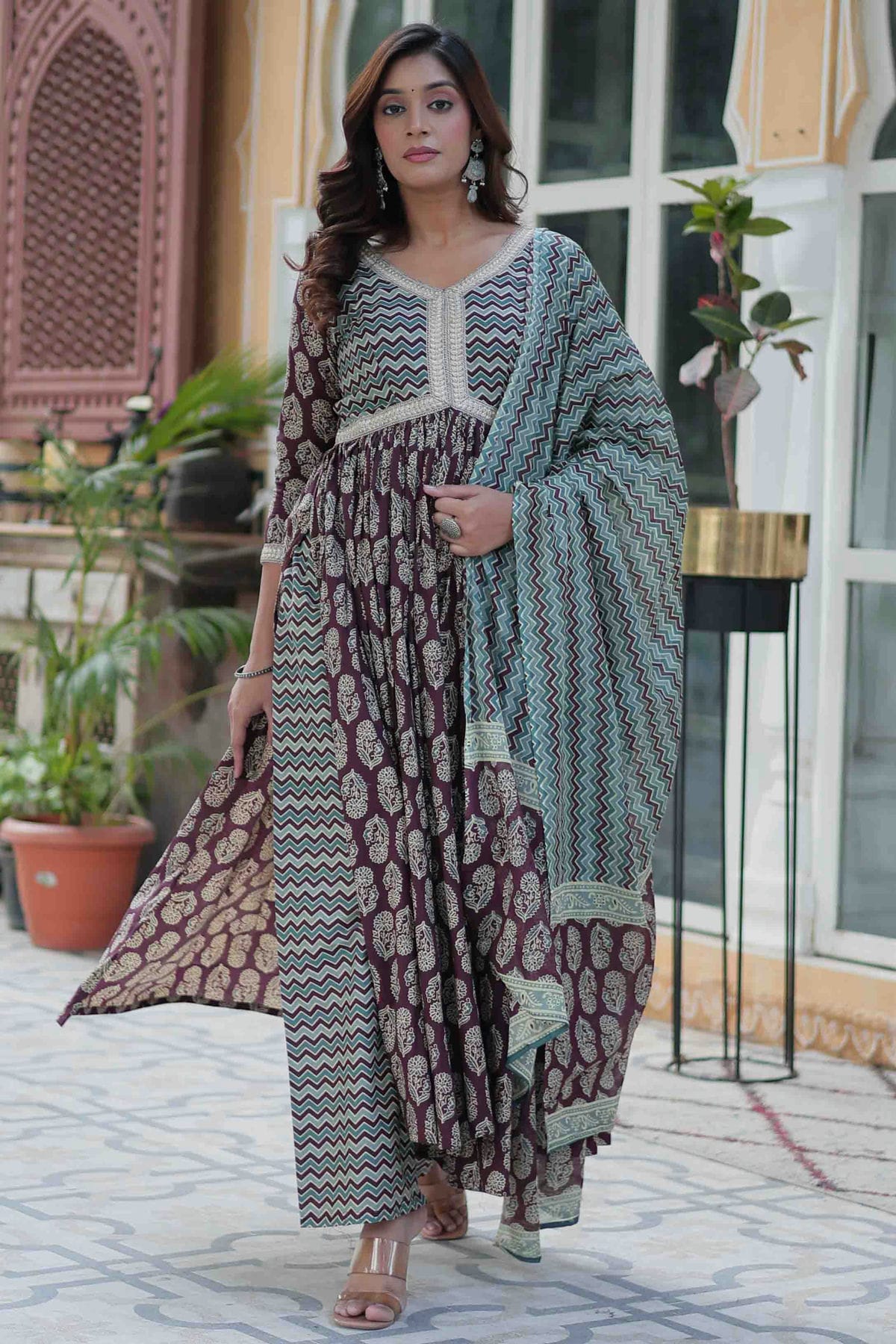 Wine Colour Cotton Printed Pant Style Suit VSSS1113676