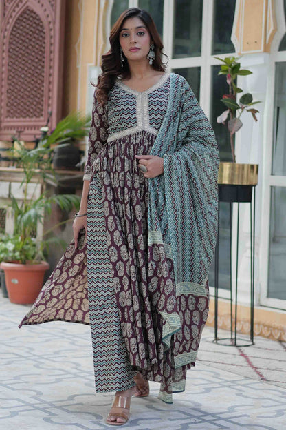 Wine Colour Cotton Printed Pant Style Suit VSSS1113676