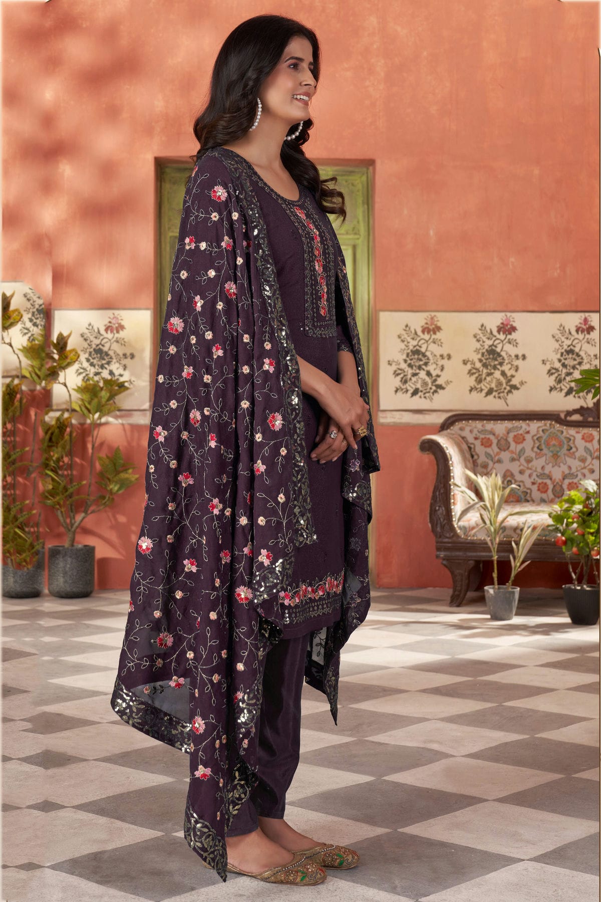Wine Colour Embroidery Georgette Stitched Suit