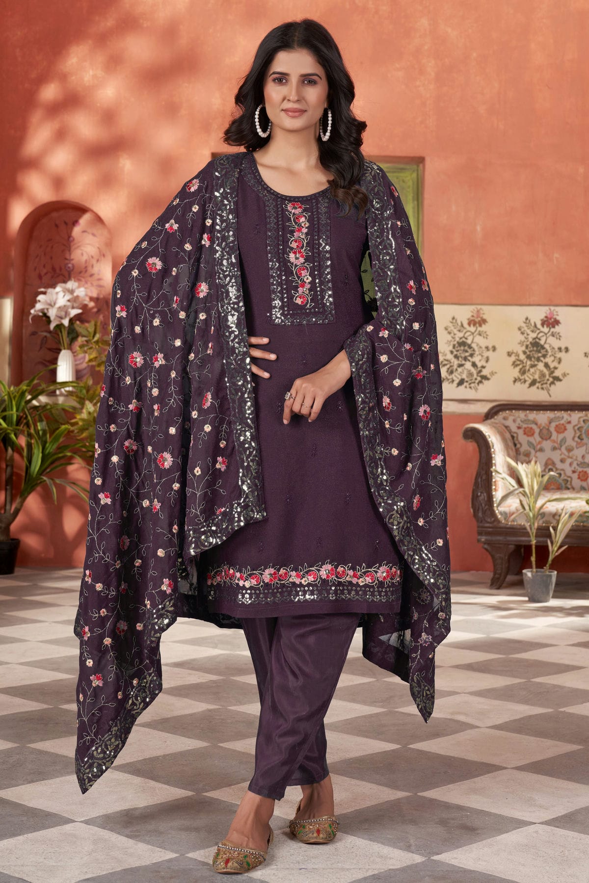 Wine-Colour-Embroidery-Georgette-Stitched-Suit-VSSS1112505