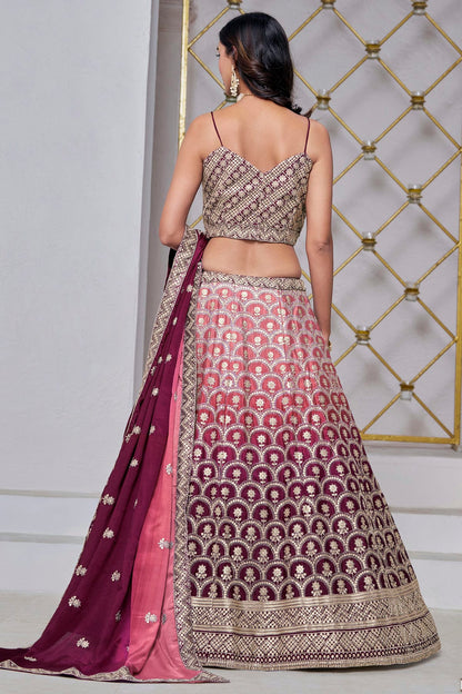 Wine Colour Embroidery Lehenga Choli In Chinon Fabric