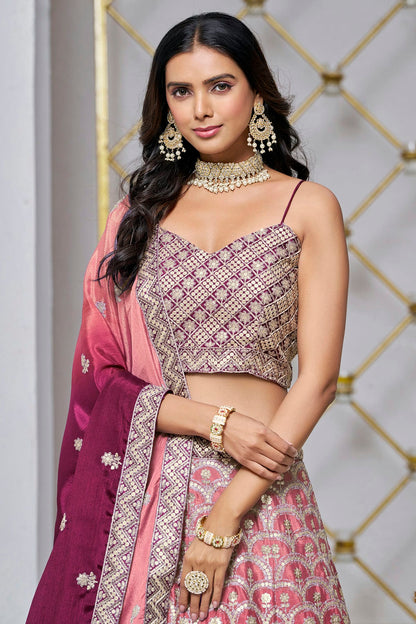 Wine Colour Embroidery Lehenga Choli In Chinon Fabric